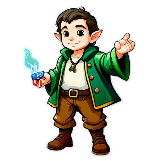 The fisherman is a halfling with magical power, holding a jar with a worm in his right hand, and casting a spell with his left - icon | sticker