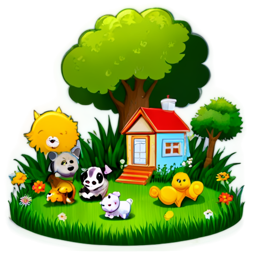 There is a house on the grass and there are animals around. - icon | sticker