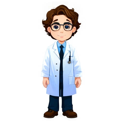 A brave scientist-inventor Average height, slightly shorter than the other characters. Thin, with long arms and legs. Face: Narrow, with large eyes that express intelligence and curiosity. His nose is slightly pointed and his mouth is often slightly pursed when he is thinking. Curly and slightly disheveled, light brown hair. There are always strands that stick out in different directions, emphasizing his busyness and resourcefulness. He wears a white lab coat even when he is not in the lab. Underneath the lab coat is a simple short-sleeved shirt and pants. He also has large round glasses that he constantly adjusts on his nose. He always carries a small backpack with him, which contains all the necessary tools and records. On his hand he has a watch with different buttons that activate his inventions. Background - space - icon | sticker