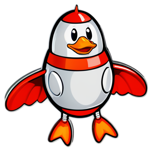 a small red space rocket with orange wings and one large round porthole with a duck's face in it - icon | sticker