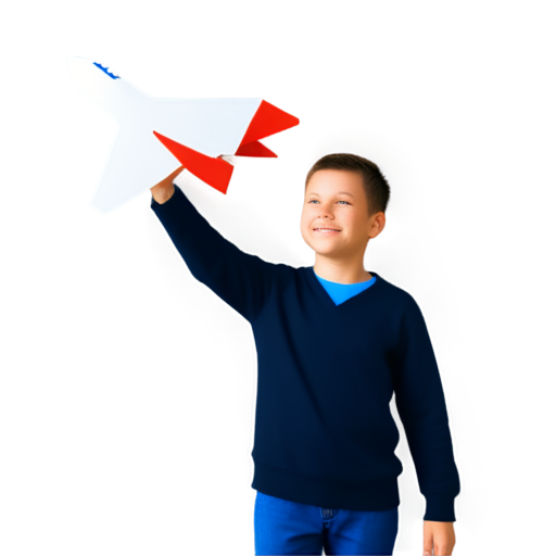 simplicity , three-color large pentagonal logo, white background , Russian happy boy master inventor holding a large airplane in his hand above his head, taking off into the clouds - icon | sticker