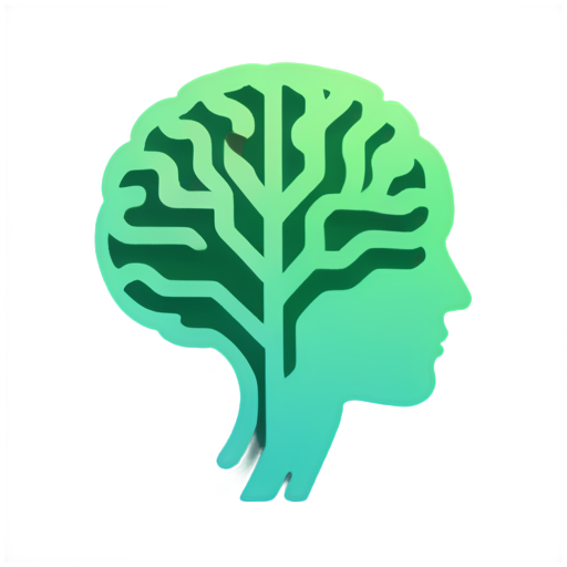 Request for an AI knowledge base application visual asset - an icon featuring a detailed side view of an intelligent brain. This will serve as both the application launch icon and chat avatar for an advanced AI technology enterprise. The background should use the deep green color of boreal coniferous forests. The design should incorporate circuit nodes connected to the brain through moderately weighted circuit lines with flowing effects. The style should be minimalist with organic flowing curves, incorporating data streams, light effects, and particle elements. - icon | sticker