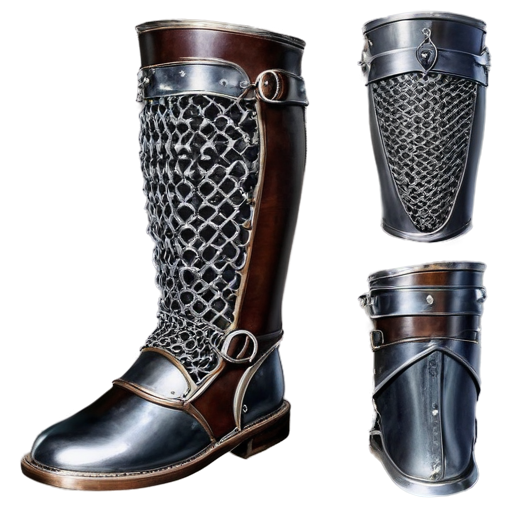 Medieval fantasy chainmail greaves, made of steel rings - icon | sticker