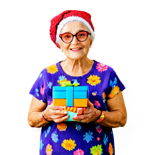 Elderly woman in bright multi-colored cheerful fashionable clothes and glasses and a festive cap holds gifts in her hands - icon | sticker