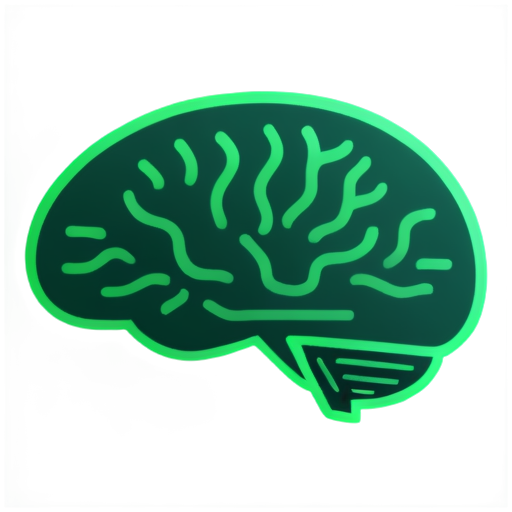 Request for an AI knowledge base application visual asset - an icon featuring a detailed side view of an intelligent brain. This will serve as both the application launch icon and chat avatar for an advanced AI technology enterprise. The background should use the deep green color of boreal coniferous forests. The design should incorporate circuit nodes connected to the brain through moderately weighted circuit lines with flowing effects. The style should be minimalist with organic flowing curves, incorporating data streams, light effects, and particle elements. - icon | sticker