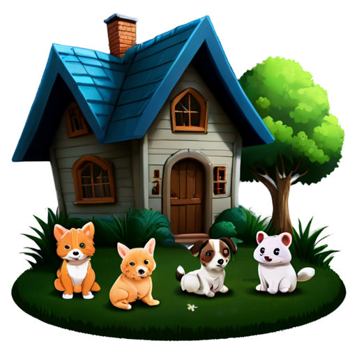 There is a house on the grass and there are animals around. - icon | sticker