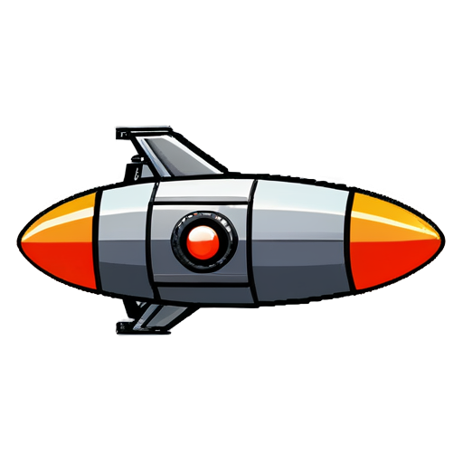 a small space rocket with a bright red body and orange wings and one large round porthole , 8 bit style - icon | sticker