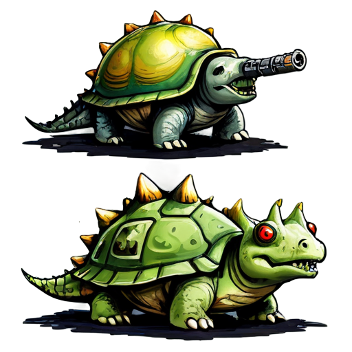 Hybrid: Snail, shell, tank, guns, toadstools, smoke, crocodile, dinosaur, demon, nurgle warhammer, warhammer, fantasy. 2d, anime style, realism, high detail, high definition, high resolution, high rendering, watercolor, markers, gouache, oil paints, ink, colored pencils, pastel - icon | sticker