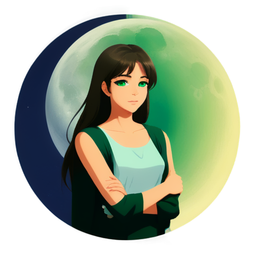 lawyer slavic brownhaired, green eyes girl with the moon on background, anime style - icon | sticker