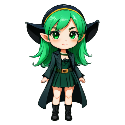 Young witch with green hair, mascot, regular ears, dark fantasy style - icon | sticker