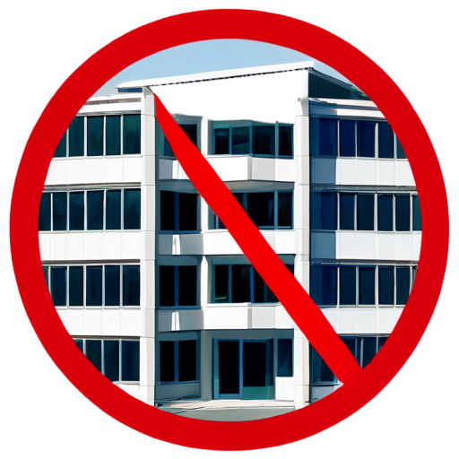 OFFICE BUILDING with a crossed out RED CIRCLE, refusal - icon | sticker