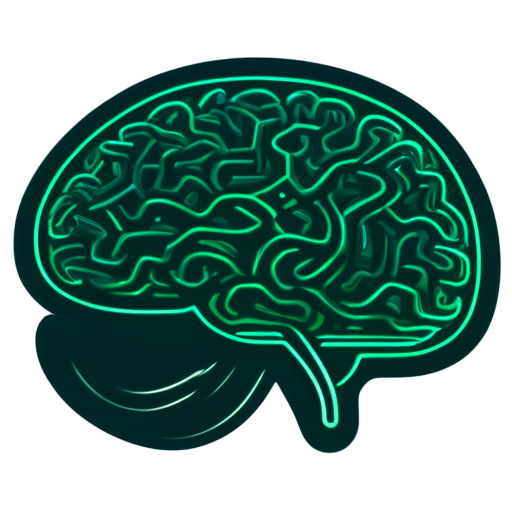 Request for an AI knowledge base application visual asset - an 800x800 icon featuring a detailed side view of an intelligent brain. This will serve as both the application launch icon and chat avatar for an advanced AI technology enterprise. The background should use the deep green color of boreal coniferous forests. The design should incorporate circuit nodes connected to the brain through moderately weighted circuit lines with flowing effects. The style should be minimalist with organic flowing curves, incorporating data streams, light effects, and particle elements. - icon | sticker