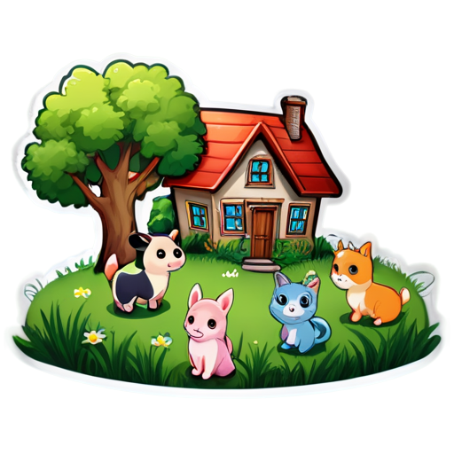 There is a house on the grass and there are animals around. - icon | sticker