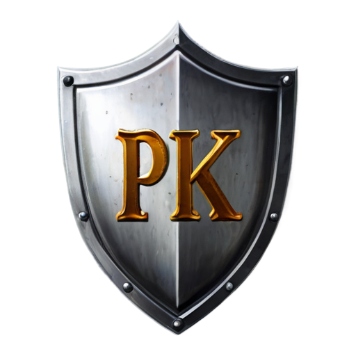 A knights metal shield with the letters PK etched into it - icon | sticker