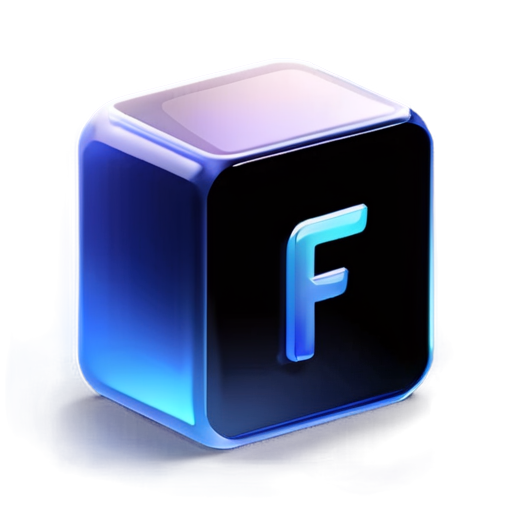 icon text is "F" with "..." in capital letters with italic, in blue color, use simple style, transparent background - icon | sticker