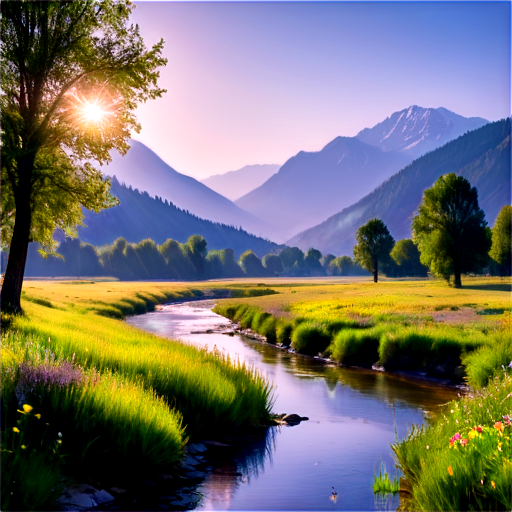 Morning nature: in the foreground a river, in the middle ground a meadow with wild flowers and trees, in the background mountains slightly covered with a light haze and a blue sky with bright rays of the sun. Realistic high-quality photo, bright, rich, contrasting colors. - icon | sticker