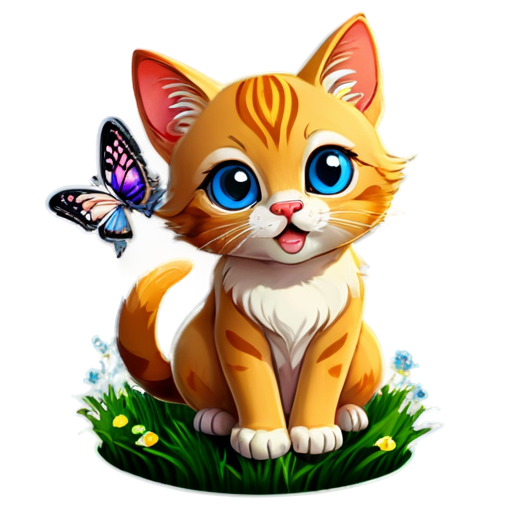 the cat, looks at the butterfly, in the field - icon | sticker