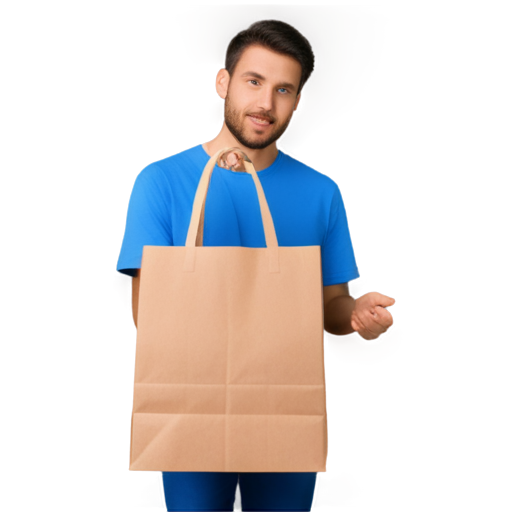 a man's hand holds a paper bag by the handles, in blue colors on a white background - icon | sticker