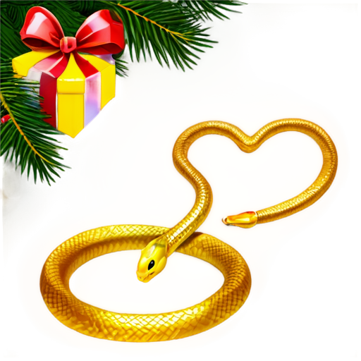 against the background of a New Year tree with gifts, a beautiful golden snake in the shape of a heart - icon | sticker