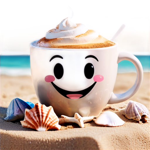 "A cheerful coffee cup with a big smiling face, cartoon style, warm pastel tones, steam coming out of the cup, sitting on a sunny beach with seashells and a bright sun in the background, evoking summer happiness." - icon | sticker