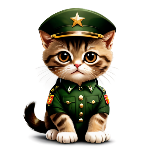 Angry kitten with brown eyes arms crossed in army generals uniform and hat with generals star cartoon - icon | sticker