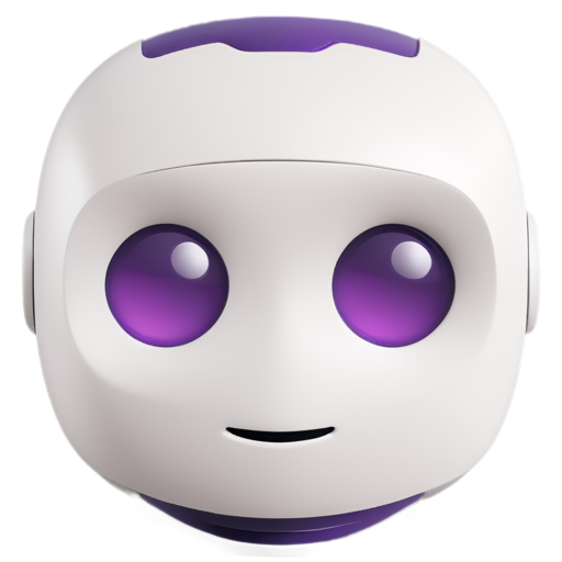 head of a cute robot, appreas to be interested in everything over the world, should be purple and white, shrinking eyes - icon | sticker