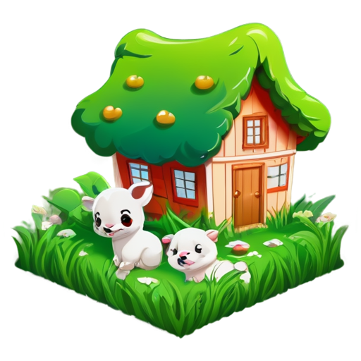 There is a house on the grass and there are animals around. - icon | sticker