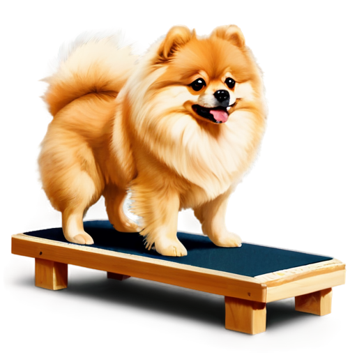 beautiful pomeranian dog on fitness plank from side, golden pomeranian spitz, no humans, no lineart, dark plank, simple background - icon | sticker