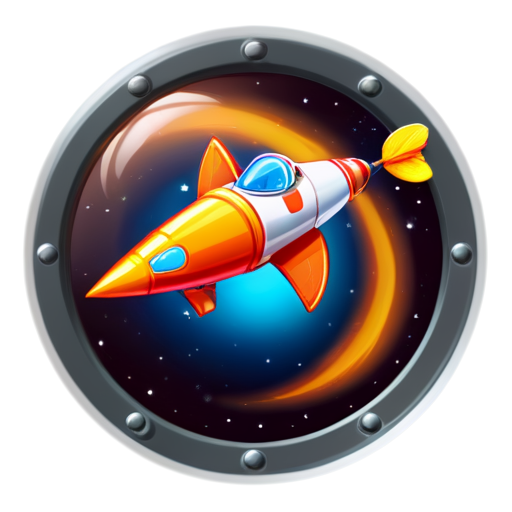 a small !red space rocket with orange wings and one large round porthole with a duck's face in it - icon | sticker