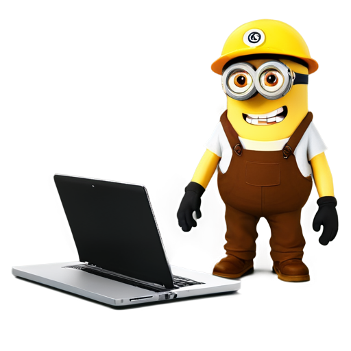 from the Despicable Me Minion comedy - draw a Minion farmer dressed in brown khaki overhauls - talking on the laptop to a engineer that is planning his farm - the engineer will be in the laptop screen - icon | sticker