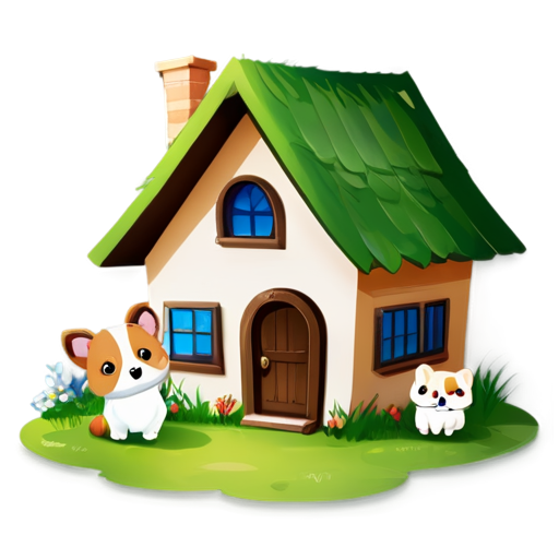 There is a house on the grass and there are animals around. - icon | sticker