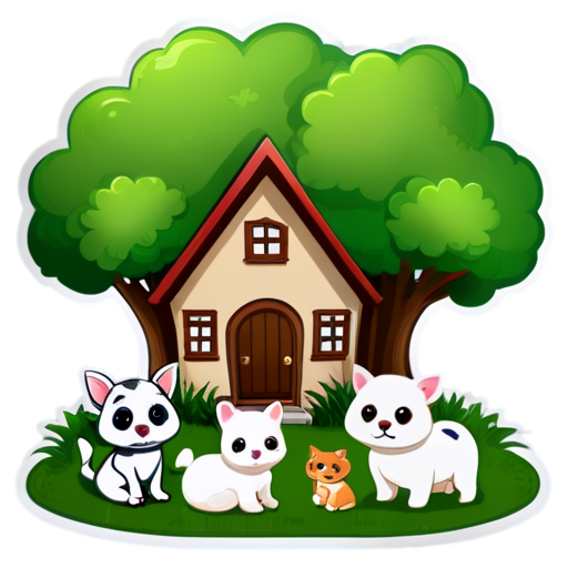 There is a house on the grass and there are animals around. - icon | sticker