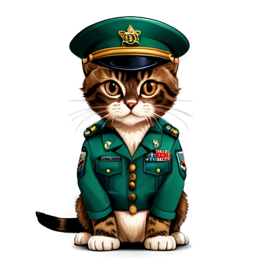 Angry kitten with brown eyes hands on hips in army generals uniform and hat with generals star cartoon - icon | sticker