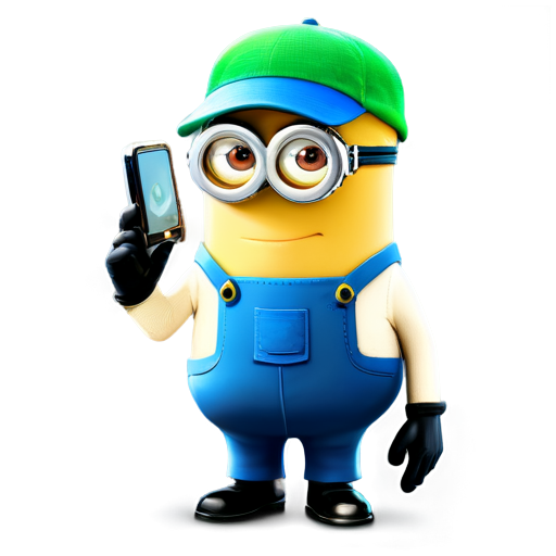 from the Despicable Me Minion comedy - draw a Minion farmer dressed in blue overhauls, with a Green cap - a cell phone in the one hand and the other hand finger pointing in the distance. - icon | sticker