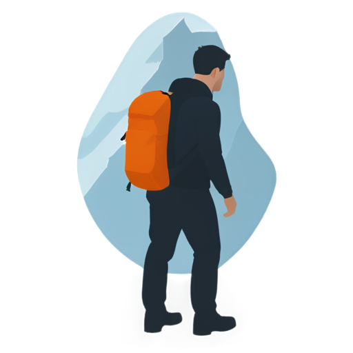 great mountain peaks shapes in background, himalayan , glacier walley, minimalism, man with backpack hikes up to the mountain top along mountain shape - icon | sticker