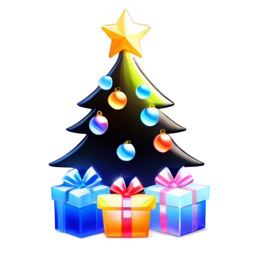 New Year tree decorated with balls and garlands. gifts under the tree. fireworks in the sky - icon | sticker