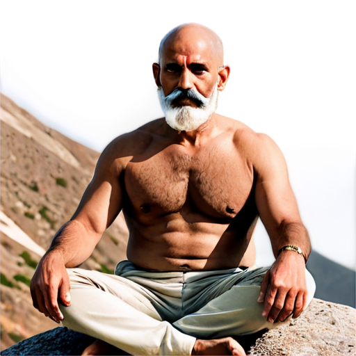 indian guru with bald head, moustache & beard sat on a mountain - icon | sticker