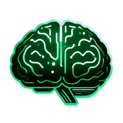 Request for an AI knowledge base application visual asset - an 800x800 icon featuring a detailed side view of an intelligent brain. This will serve as both the application launch icon and chat avatar for an advanced AI technology enterprise. The background should use the deep green color of boreal coniferous forests. The design should incorporate circuit nodes connected to the brain through moderately weighted circuit lines with flowing effects. The style should be minimalist with organic flowing curves, incorporating data streams, light effects, and particle elements. - icon | sticker