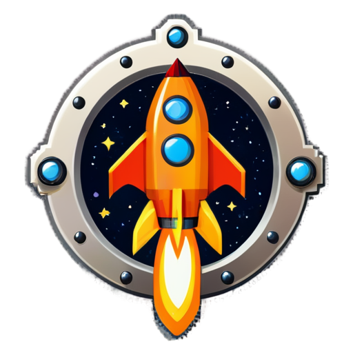 a small red space rocket with orange wings and one large round porthole in it 8 bit style - icon | sticker