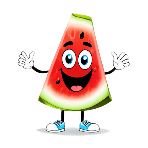 Cartoon single slice of watermelon with stick figure legs and happy face White background - icon | sticker