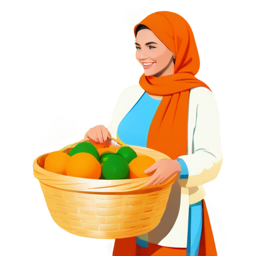 Design a Pop Art vector of a lively lady carrying a woven basket filled with an orange shawl. A vibrant and exuberant woman sending a WhatsApp message, with the iconic WhatsApp logo discreetly incorporated into the scene. - icon | sticker