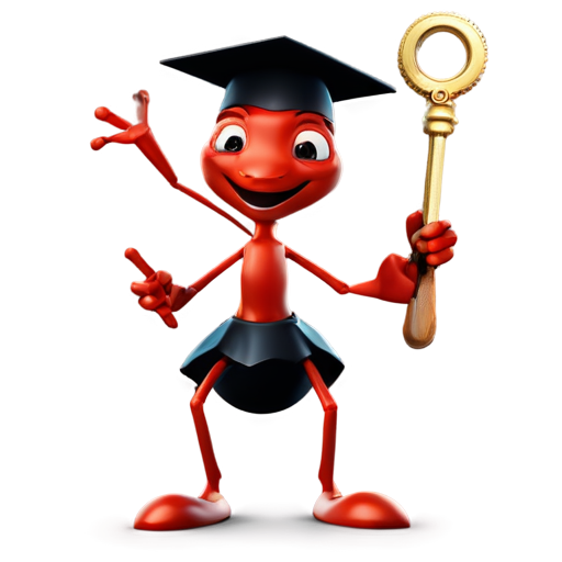 A cute 3d red ant wearing a graduation cap stands on two legs, holding a gear in its hand - icon | sticker