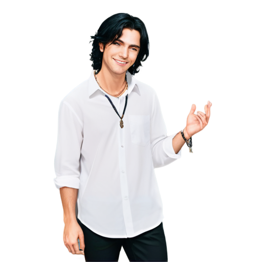 Art realism, Young male elf, long black hair, green eyes, ruby ​​drop earrings in his ears, in a white, loose shirt and black pants, chains on his neck, he smiles and holds out his hand - icon | sticker