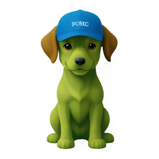 Happy blue and green dog with a cap with the inscription "————-" - icon | sticker