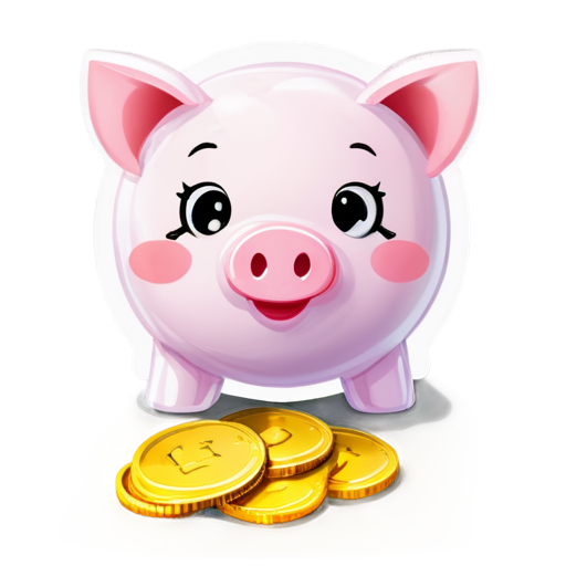 A bubble popped out of a piggy bank, containing the English word 'easy' and gold coins on the ground - icon | sticker