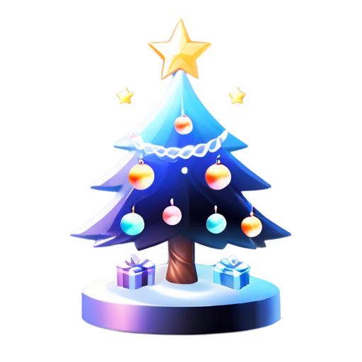 New Year tree decorated with balls and garlands. gifts under the tree. fireworks behind the tree - icon | sticker