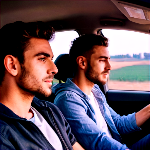 Create a picture of 4 male friends sitting in the car on the way to Verona - icon | sticker