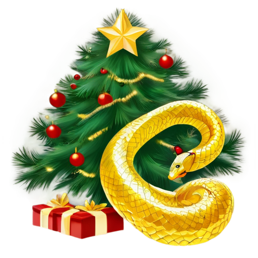 against the background of a New Year tree with gifts, a beautiful golden snake in the shape of a heart - icon | sticker