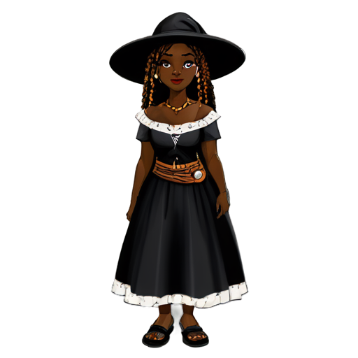 African witch Obaifo in traditional African costume, black and white medieval minimalist illustration, without background - icon | sticker