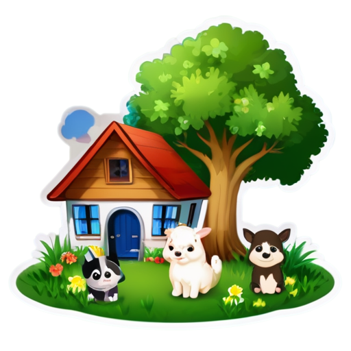 There is a house on the grass and there are animals around. - icon | sticker